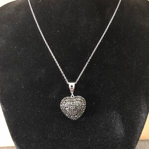 Sterling Silver 925 Pave Black Tourmaline Heart Pendant Necklace 18"